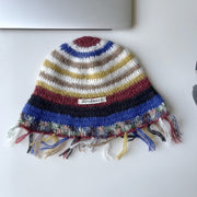 Vintage Handmade Crochet Tassel Bucket Hat Colorful Stripes Woolen Cap Bucket Hat