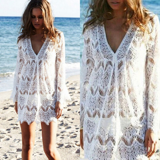 Beach Cover-up See-through Hollow Lace Shirt