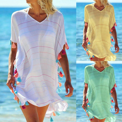 White striped tassel ball beach cover-up