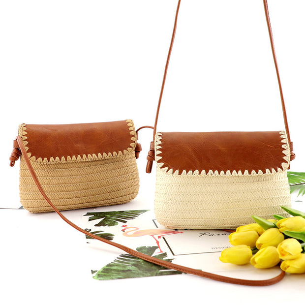 Leather Cover Shoulder Woven Casual Women's Beach Bag