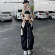 Women Khaki Pockets Wide Leg Drawstring Straight Vintage Casual Streetwear Joggers Trousers