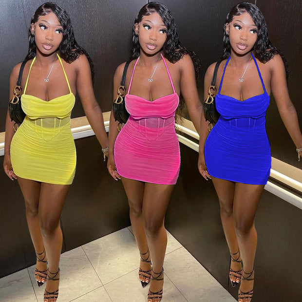 Fashion Sling Mesh Two-Piece Short Skirt Set