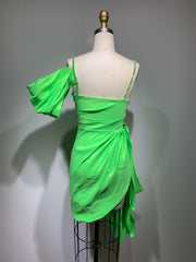 Slimming Green Diamond Strap Tight Pleated Elegant Mini Dress