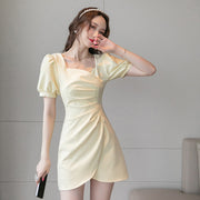 Elegant Yellow Ruched Mini Casual Summer Formal Dress