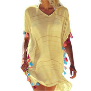 White striped tassel ball beach cover-up