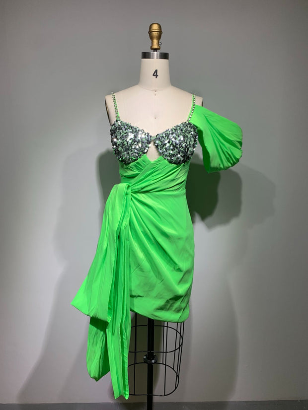 Slimming Green Diamond Strap Tight Pleated Elegant Mini Dress