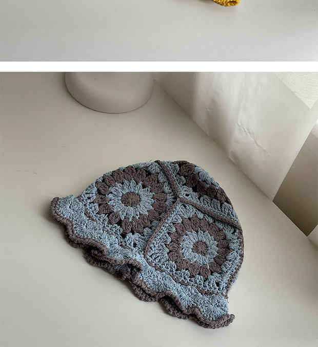 Handmade Design Double Color Hollow Basin Hat Women''s Japanese Knitted Crochet Bucket Hat Korean Wool Fisherman Hat