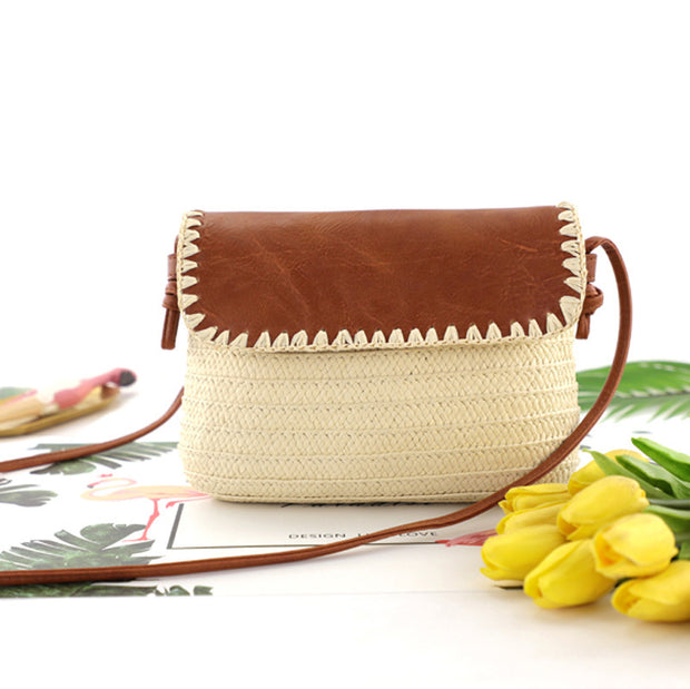 Leather Cover Shoulder Woven Casual Women's Beach Bag