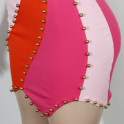 Women's Fashion Slim Splicing Top Short Skirt Set
