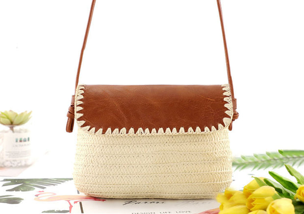 Leather Cover Shoulder Woven Casual Women's Beach Bag