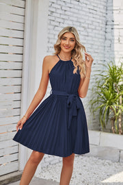 Women's Fashion Elegant Halter Lace-up Sleeveless Pleated Mini Dress