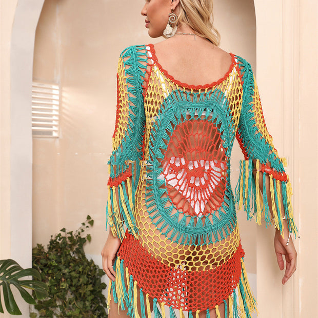 Women's Fashion Handmade Crocheted Long Sleeve Beach Cover-up