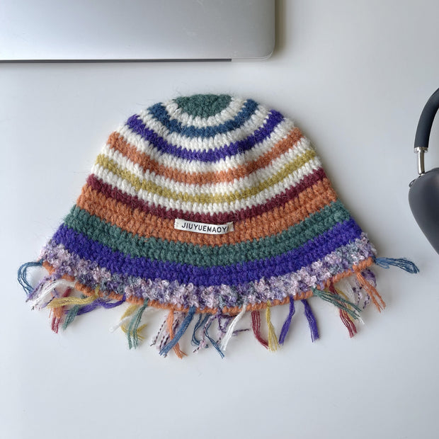 Vintage Handmade Crochet Tassel Bucket Hat Colorful Stripes Woolen Cap Bucket Hat