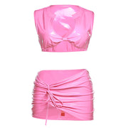 Women's Fashion Glossy Undershirt Hip Short Skirt Set