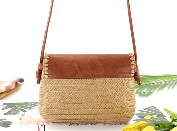 Leather Cover Shoulder Woven Casual Women's Beach Bag