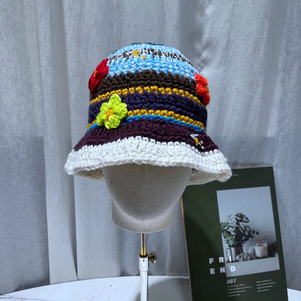 Hand-woven Color-block Flower Bucket Hat