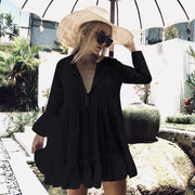 Rayon Pleated Button Bell Sleeve Loose Beach Cover-up